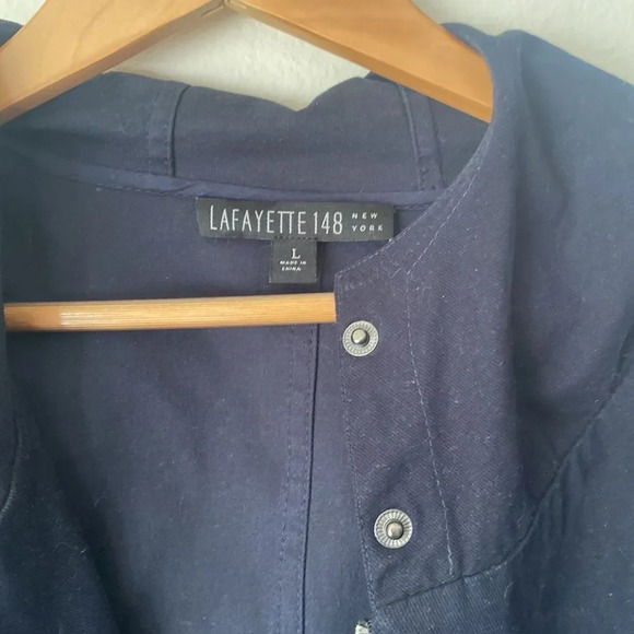 Lafayette 148 sz L navy cotton jacket snap and zip front with belt hooded EUC - Picture 2 of 5